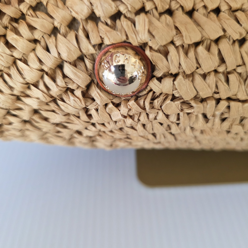 Michael Kors Santorini Raffia Basket Tote Tan Straw Tangerine Leather MK Charm - Picture 8 of 12